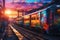 Japan vibe anime scenery street sunset and image painted train