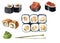 Japan watercolor sketch sushi set. Different kinds of rolls, maki and more. Rice and fish. art illustration. Vintage graphic for m