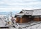 japan wood house with ancient roof and Cityscapes and skyscraper