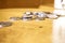 Japan Yen coins spread on wooden table and blurry background