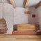 Japandi bathroom with freestanding wooden bathtub in white and orange tones, hanging armchair, plaster concrete walls and parquet