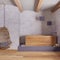 Japandi bathroom with freestanding wooden bathtub in white and purple tones, hanging armchair, plaster concrete walls and parquet