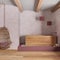 Japandi bathroom with freestanding wooden bathtub in white and red tones, hanging armchair, plaster concrete walls and parquet.