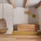 Japandi bathroom with freestanding wooden bathtub in white and yellow tones, hanging armchair, plaster concrete walls and parquet