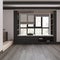 Japandi bathroom with wooden sitting window with bench and pillows in white and dark tones. Parquet floor and bathtub. Farmhouse