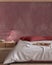 Japandi bedroom mock up in white and red tones. Bed with pillows, japanese minimal interior design with copy space