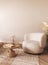 Japandi boho beige interior with armchair background. Light modern australian livingroom. Mockup empty brown wall. 3d