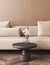 Japandi boho beige interior with lounge sofa and dry flower in vase background. Light modern australian livingroom