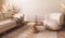 Japandi boho beige interior with sofa and armchair background. Light modern australian livingroom. 3d rendering. High