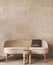 Japandi boho beige interior with sofa and stucco background. Light modern australian livingroom. Mockup empty brown wall