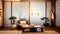 Japandi concept of living room interior with design wooden commode