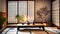 Japandi concept of living room interior with design wooden commode