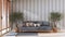 Japandi living room with copy space in gray tones. Fabric sofa with pillows, potted olive trees. Farmhouse interior design