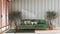 Japandi living room with copy space in green tones. Fabric sofa with pillows, potted olive trees. Farmhouse interior design