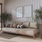 Japandi living room with frame mockup in bleached tones. Fabric sofa with pillows, potted olive trees. Farmhouse interior design