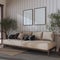 Japandi living room with frame mockup in dark tones. Fabric sofa with pillows, potted olive trees. Farmhouse interior design
