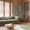 Japandi living room with wallpaper and wooden walls in green and beige tones. Parquet floor, fabric sofa, carpets and paper lamp.