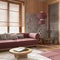 Japandi living room with wallpaper and wooden walls in red and beige tones. Parquet floor, fabric sofa, carpets and paper lamp.