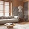 Japandi living room with wallpaper and wooden walls in white and beige tones. Parquet floor, fabric sofa, carpets and paper lamp.