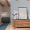 Japandi living room in white and blue tones. Wooden chest of drawers with frame mockup. Parquet and wallpaper. Modern interior