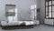 Japandi living room in white and dark tones with decorated plaster wall. Minimalist fabric sofa and macrame wall art. Wabi sabi