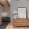 Japandi living room in white and gray tones. Wooden chest of drawers with frame mockup. Parquet and wallpaper. Modern interior