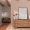 Japandi living room in white and orange tones. Wooden chest of drawers with frame mockup. Parquet and wallpaper. Modern interior
