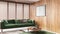 Japandi living room with wooden walls and frame mockup in green tones. Fabric sofa with pillows, carpets and decors. Minimal