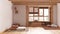 Japandi meditation room in white and orange tones, pillows, tatami mats and sitting window. Wooden beams and parquet floor.