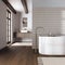 Japandi minimalist bathroom in white and dark tones. Close up, freestanding bathtub and wooden washbasin. Farmhouse interior