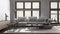 Japandi minimalist living room in dark and beige tones. Fabric sofa, wooden furniture and parquet floor. Modern interior design