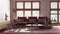 Japandi minimalist living room in red and beige tones. Fabric sofa, wooden furniture and parquet floor. Modern interior design
