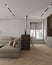 Japandi modern minimalism style beige livingroom with diningroom interior design. White color ceiling with lighting