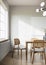 Japandi modern scandinavian room interior design, white dining room ideas, japanese apartment style concept, 3d background