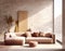 Japandi style interior design of modern living room with stucco wall. Created with generative AI