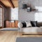 Japandi trendy living room and kitchen in gray and beige tones with wallpaper. Wooden cabinets, modern fabric sofa. Minimal