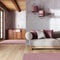 Japandi trendy living room and kitchen in red and beige tones with wallpaper. Wooden cabinets, modern fabric sofa. Minimal