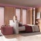 Japandi wooden bedroom with bathtub in white and red tones. Double bed, freestanding bathtub, parquet floor. Modern interior