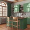 Japandi wooden kitchen in green and beige tones with island and stools. Parquet floor, shelves and cabinets. Farmhouse