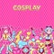 Japanese anime cosplay background. Cute kawaii characters and items