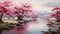 Japanese Art Style Landscape with Cherry Blossom Trees Creating a Picturesque River Scene by AI generated