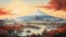 japanese art style landscape of a volcanic landscape, with distant view of Mount Fuji by AI generated