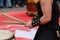 Japanese artist playing on traditional taiko drums