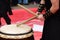 Japanese artist playing on traditional taiko drums