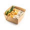 Japanese asian meal in a box of recycled paper isolated on white background.