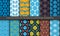 Japanese Asian spring traditional seamless patterns collection set in blue yellow colors