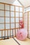 Japanese backdrop with traditional sliding door and tatami floor