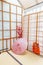 Japanese backdrop with traditional sliding door and tatami floor