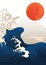 Japanese background with hand drawn blue wave pattern vector. Red watercolor texture circle shape. Oriental template design