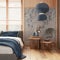 Japanese bedroom with wallpaper and wooden walls in blue and beige tones. Parquet floor, master bed, carpets and decors. Minimal